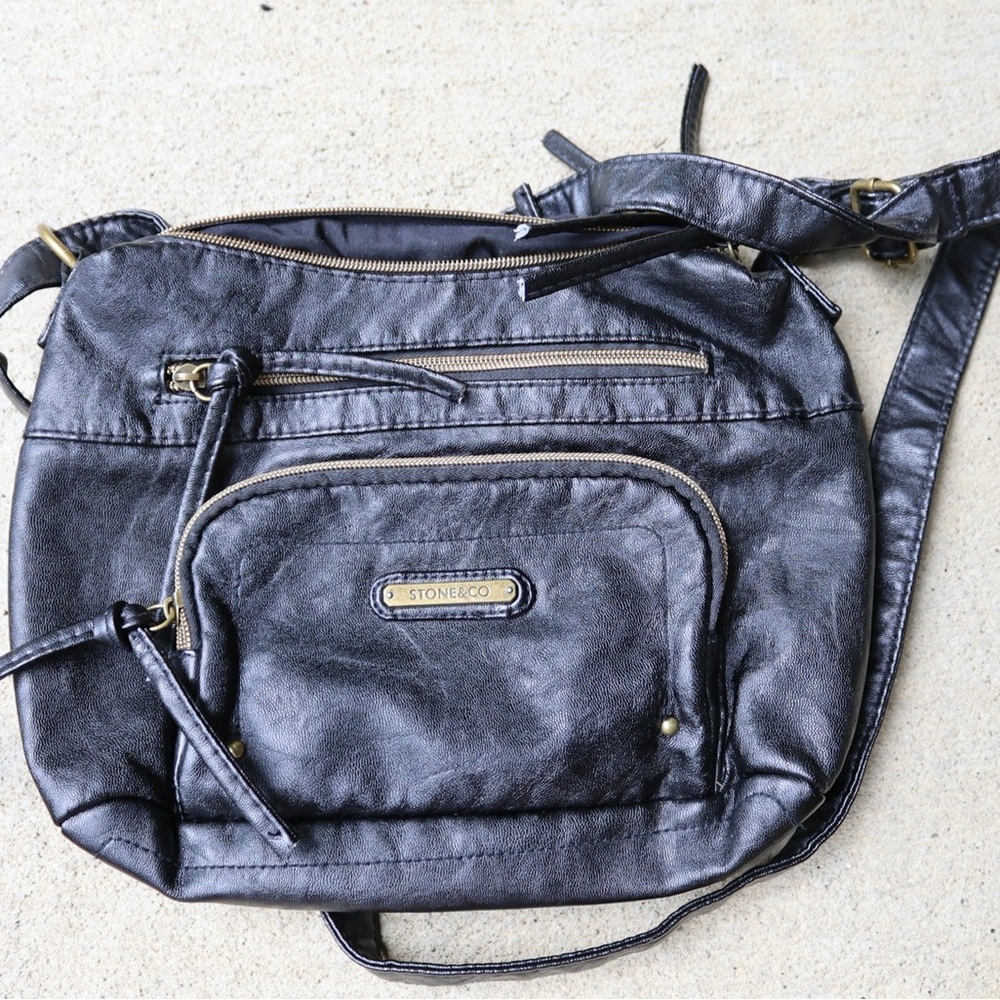 Stone and co black faux leather purse shoulder bag multi pocket